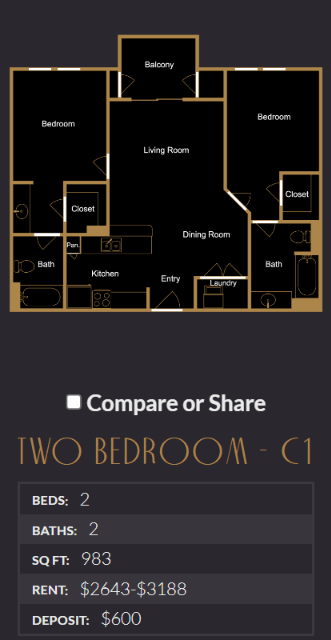 Floor plan for 2 beds, 2 baths, 983 sqft